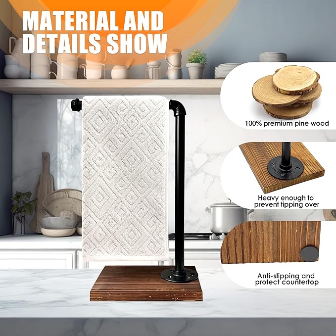 15'' Hand Towel Holder, L Shaped Towel Holder Stand with Weighted Base, Black Hand Towel Stand for Bathroom Kitchen Countertop