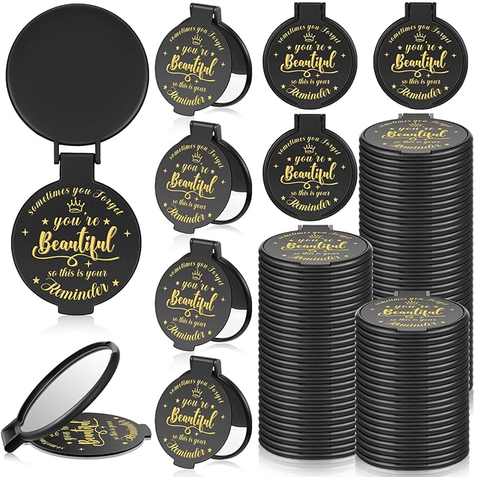 72 Pcs 2.76 Inch Inspirational Compact Mirror Bulk Women Small Gifts Graduation Party Favors Purse Mirror Pocket Mini Stuffer Items for Adult Coworker Cheerleader Employee (Black)