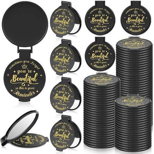 72 Pcs 2.76 Inch Inspirational Compact Mirror Bulk Women Small Gifts Graduation Party Favors Purse Mirror Pocket Mini Stuffer Items for Adult Coworker Cheerleader Employee (Black)