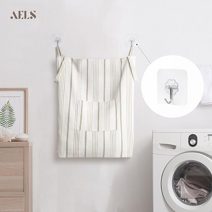 AELS Farmhouse Hanging Laundry Hamper with 2 Hooks, Boho Beige & Light Brown Stripes Laundry Bag with Zipper & Wide Open Top, Over the Door Organizer for Dirty Clothes, Washable Space Saving Storage
