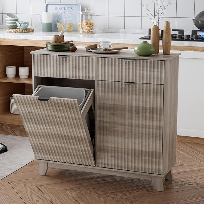 Double Tilt Out Laundry Hamper Cabinet, 20 Gallon Wooden Trash Can Cabinet with Storage Drawers, Hidden Fluted Garbage Can Holder for Kitchen, Living Room (Wood Grey, 39.34"W x 35.83"H x 13"D)