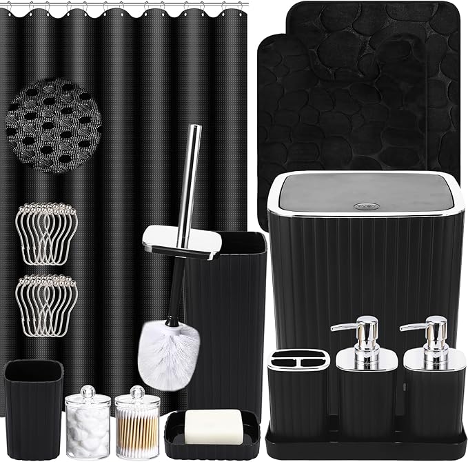 XLHOMO Bathroom Set with Shower Curtain and Rugs- 25PC Bathroom Accessory Set, Black Bathroom Set, Toilet Brush, Trash Can, Qtip Holder & Soap Dispenser