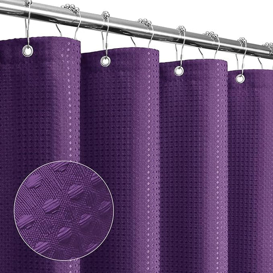 Gibelle Extra Long Shower Curtain 72 x 84, Tall Waffle Weave Textured Fabric Shower Curtain for Bathroom, Water Repellent, Machine Washable, Purple