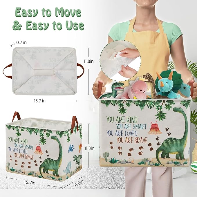 Dinosaur Nursery Decor Baby Gift Basket with Inspirational Quotes Large Kid Storage Chest Trunk Woodland Stone Volcano Book Shelf Basket Collapsible Clothes Toy Bin for Baby Rectangle Hamper,36L
