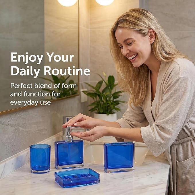 Bathroom Accessories Set, Acrylic Bathroom Accessory Set with Soap Dispenser,Soap Dish, Toothbrush Holder, Tumbler, Modern Bathroom Accessories Decor,Gift for Home (Blue-5)