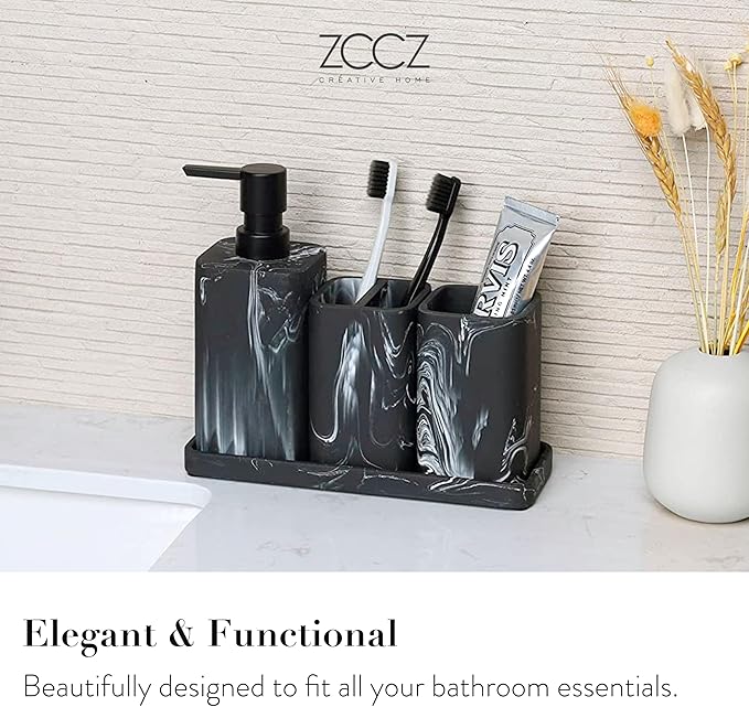 ZCCZ Bathroom Accessories Set, 4-Piece with Soap Dispenser, Toothbrush Holder, Tumbler, and Soap Dish for Modern Bath Décor, Elegant and Durable Design for Home or Office Bathrooms (Black Marble Look)