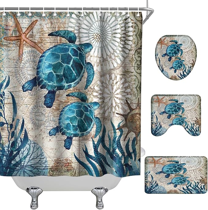 Sea Turtles Nautical Ocean Beach Bathroom Sets Starfish Coral Shower Curtain and 18 x 30 Rugs Bathroom Accessories Sets Decor with Bath Mat, Toilet Lid Cover, U-Shaped Contour and Hooks 72W x 72H Inch