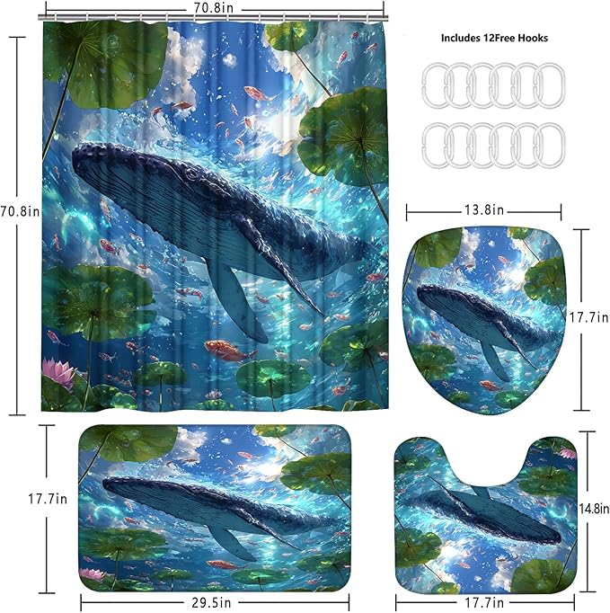 Yizheer 4Pcs Whale Shower Curtain Sets,Ocean Scenery Marine Life Theme Bathroom Curtain with Rugs, Toilet Lid Cover and Bath Mat