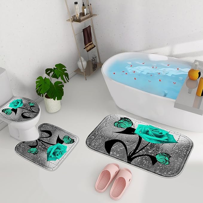 Poedist 4 Pcs Bathroom Shower Curtain Set,Green Rose Bathroom Set, Shower Curtain Sets with Rugs(Bath Mat,U Shape and Toilet Lid Cover Mat) and 12 Hooks