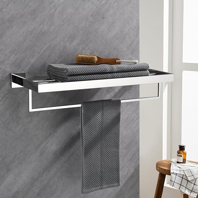 24 Inch Towel Racks for Bathroom - Wall Mounted Bright Polished Finish, Stainless Steel Single Towel Bar with Shelf, Hotel-Style Bathroom Towel Storage Organizer for Home Lavatory