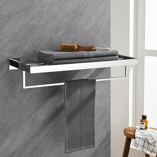 24 Inch Towel Racks for Bathroom - Wall Mounted Bright Polished Finish, Stainless Steel Single Towel Bar with Shelf, Hotel-Style Bathroom Towel Storage Organizer for Home Lavatory