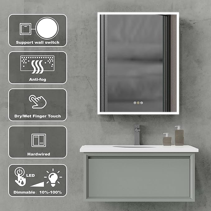 Black Medicine Cabinets for Bathroom with Mirror, 24”W x 30”H Surface Wall Mounted LED Medicine Cabinet with Lights, Defogger, Dimmer, Outlets & USB, Left Hinge