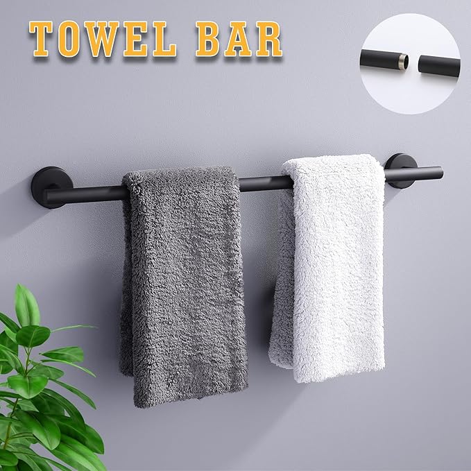 Bathroom Hardware Set 5 Piece, Matte Black Towel Bar Set, 24 Inch 304 Stainless Steel Bathroom Towel Holder Set for Modern Bathroom, Heavy-Duty & Rust-Resistant Bathroom Storage Solution (Matte Black)