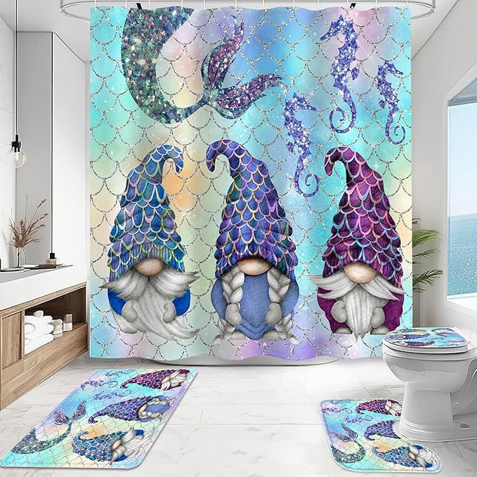 Litabel 4 Pcs Summer Mermaid Gnomes Shower Curtain Set with Non-Slip Rugs, Toilet Lid Cover and Bath Mat,Ocean Bathroom Decor Set with Shower Curtain and Rugs(Hooks Not Included)