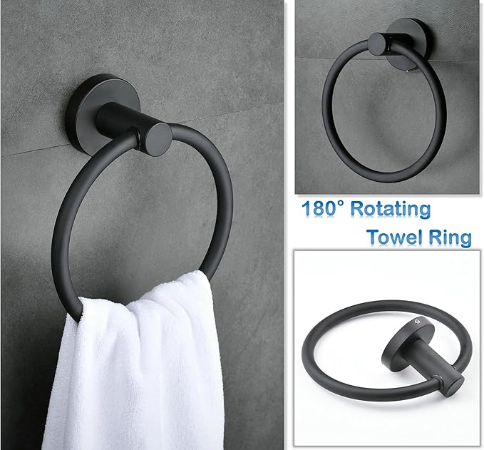 SHUNLI 5-Piece Bathroom Hardware Accessories Set Matte Black (Towel Bar Adjustable 16” to 26”, Toilet Paper Holder, Towel Ring, 2 PCS Towel Hook) Wall Mounted, SUS304 Stainless Steel