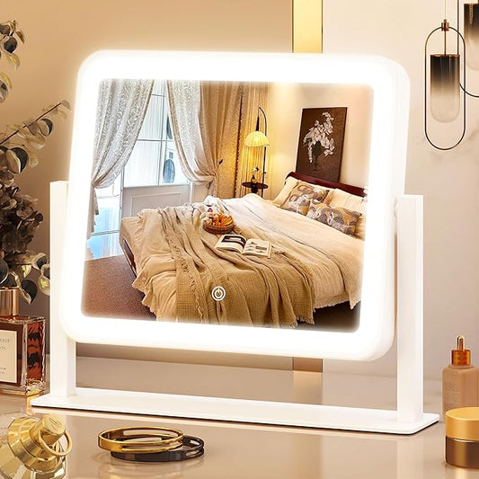 12" x14" Vanity Mirror with Lights,LED Makeup Mirror with Lights, Light up Makeup Mirror with 3 Color Modes, Dimmable＆ Memory Function, Lighted Mirror Makeup for Desk, Travel,White