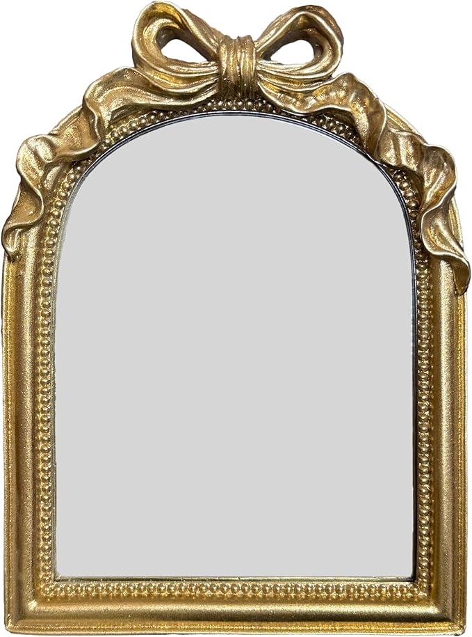Vintage Carved Resin Desk Mirror - 8x6 Inch Decorative Vanity Mirror for Makeup, Dorm, Bedroom & Tabletop Deco (Bow Gold, 8" L x 6" W)