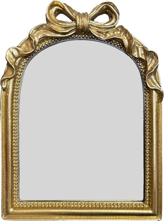 Vintage Carved Resin Desk Mirror - 8x6 Inch Decorative Vanity Mirror for Makeup, Dorm, Bedroom & Tabletop Deco (Bow Gold, 8" L x 6" W)
