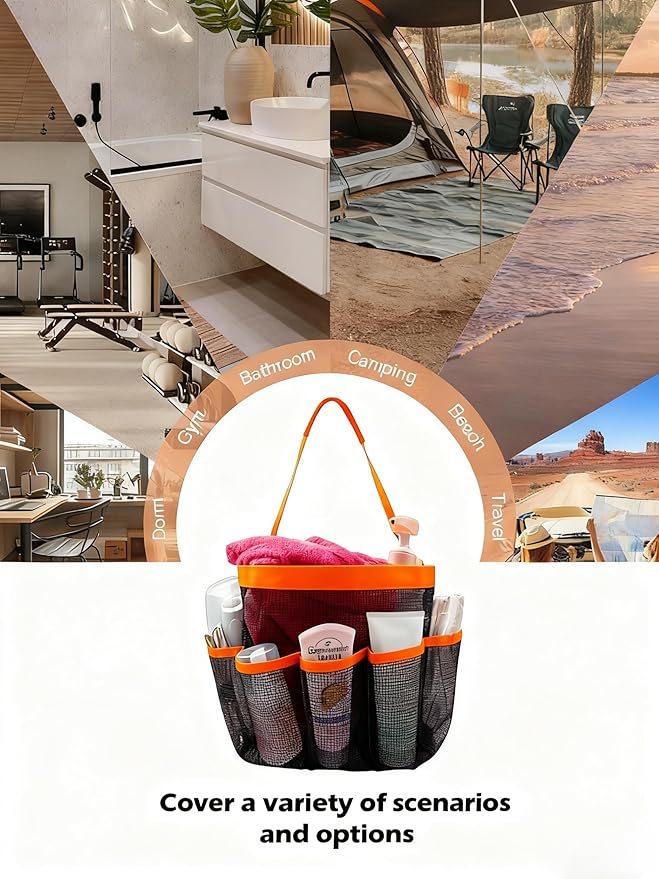 Mesh Shower Caddy Bathroom Portable College Dorm Essentials for Girls Guys Shower Tote Beach Camp Travel Hanging Toiletry Bag Orange