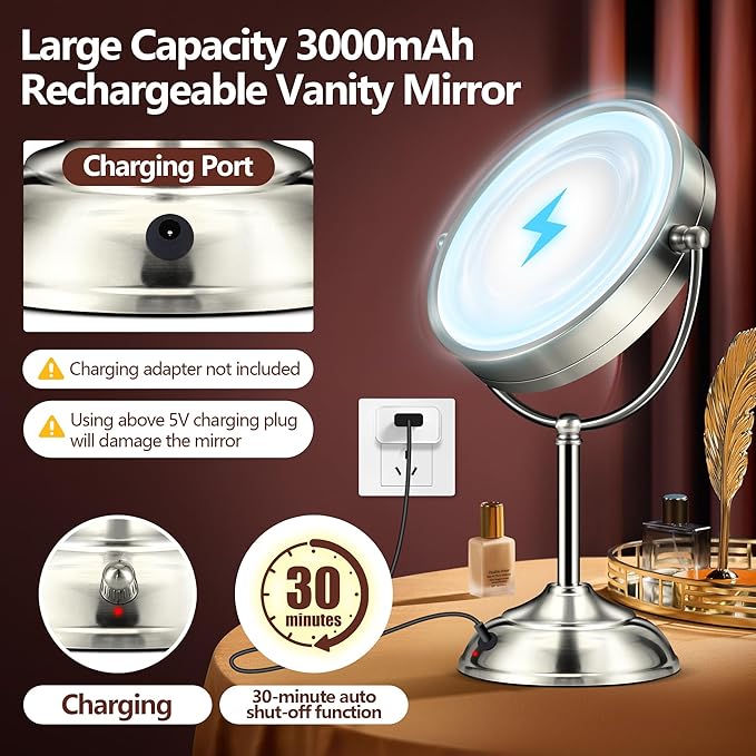 10X Magnifying Mirror with Light, Rechargeable 9" Lighted makeup mirror with magnification, 3 Color Modes, Adjustable Brightness, No Assembly Required, 360° Rotation Cosmetic Mirror, Pearl Nickel