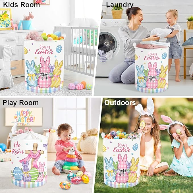 Clastyle Easter Rabbit Cross Kid Storage Basket Baby Laundry Hamper Boy Girl Gift Toy Box Collapsible Egg Clothes Organizer Nursery Bin for Bedroom,36x45 cm