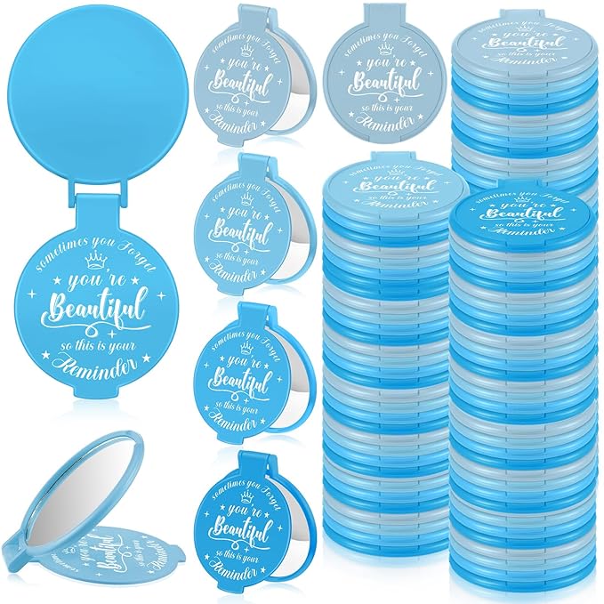 100 Pcs 2.76 Inch Inspirational Compact Mirror Bulk Women Small Gifts Graduation Party Favors Purse Mirror Pocket Mini Stuffer Items for Adult Coworker Cheerleader Employee (Blue Series)