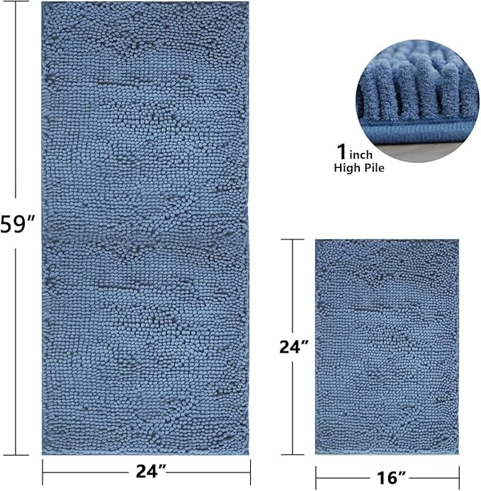 BOANKODU Bathroom RugsSets 2 Piece，59X24+16X24Inch，Absorbent Non-Slip Very Soft Chenille Mat,Machine Washable （Fog Blue）