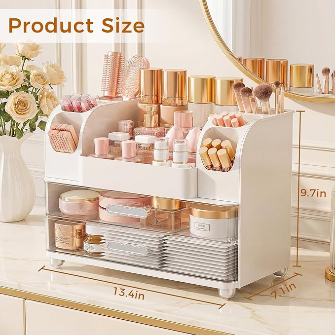 Makeup Organizer for Vanity with Brush Holder, Large Bathroom Countertop Organizer & Skincare Storage | Perfume, Cosmetics Display Case with Drawers (White)