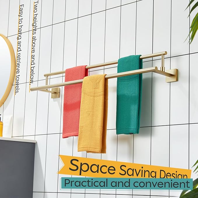 KOKOSIRI Bath Towel Bars 32-Inch Double Towel Rails Overlength Bathroom Racks for Cabinet Kitchen Brushed Gold Stainless Steel B5009BG-L32