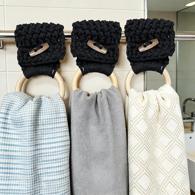 Aerbee Macrame Towel Holder Ring, 3PCS Kitchen Towel Hooks for Kitchen & Bathroom, Decorative Boho Style Kitchen Oven Towel Hanger Loop Ring, Unique Gift for Christmas, Black