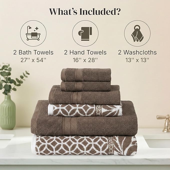 Modern Threads Botanical Vine 6-Piece 100% Cotton Towel Set – Reversible Yarn Dyed Jacquard – Includes 2 Bath Towels, 2 Hand Towels, 2 Washcloths – Absorbent, Quick Dry, Soft & Durable – Taupe Brown