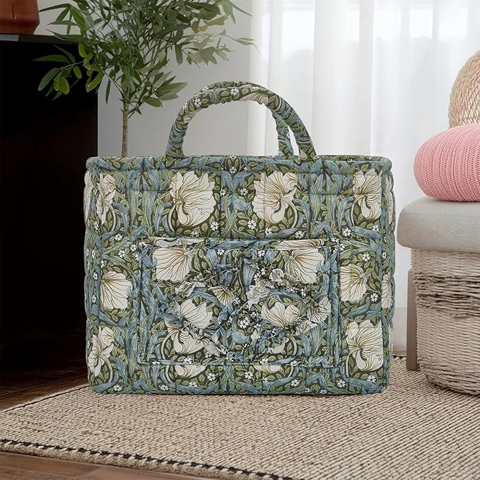 Quilted Laundry Basket with Handles, Aesthetic Collapsible Fabric Storage Basket for Clothes, Diapers & Toys - Multi-Purpose Boho Organizer Tote for Car, Home & Picnic (E)