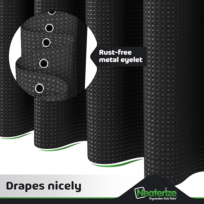 NEATERIZE Black Shower Curtain for Bathroom - Waffle Shower Curtain Hotel Style - 72x72 Inch Bathroom Curtain - Cortinas De Baño