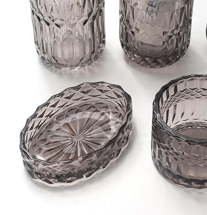 IVAILEX 5PCS Grey Glass Bathroom Accessories Sets of Lotion Dispenser, Soap Dish, Toothbrush Holder, Tumbler, Cotton Swab Jars, Modern Bath Decor, Vintage Gift