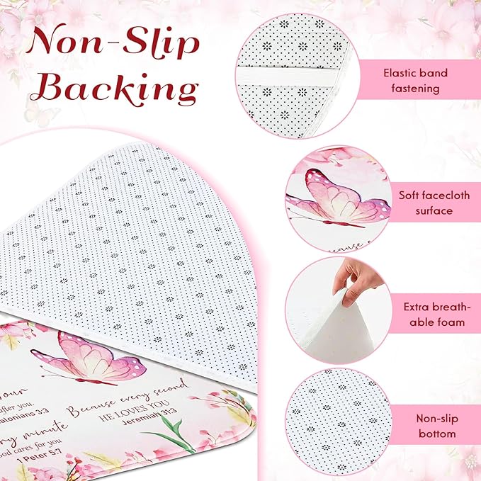 4 Pcs Pink Butterfly Inspirational Quotes Shower Curtain Set with Rugs and Toilet Lid Cover, Christian Cross Bathroom Set Encouraging Bible Verses Floral Bathroom Decor Set Accessories
