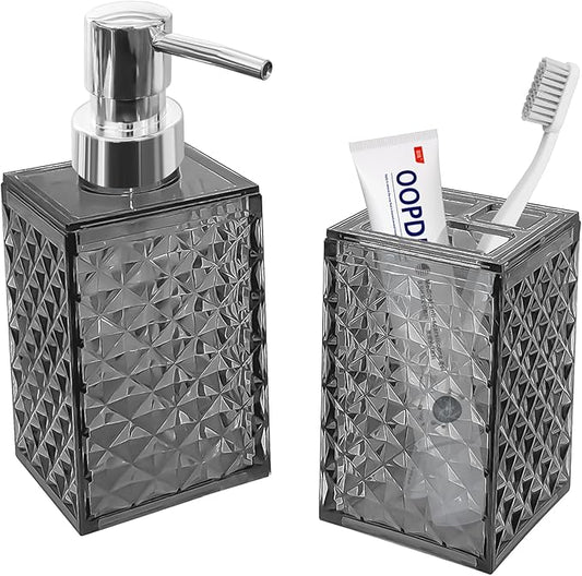 2PCS Dark Grey Bathroom Accessories. Contain Soap Dispenser and Toothbrush Holder Set. Boho Bathroom Set for Blue Bathroom Décor