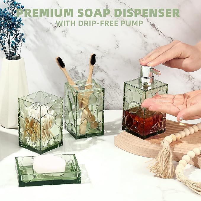 GAHEFY Green Bathroom Accessories Set with Toothbrush Holder, Soap Dispenser, Tumbler, Soap Dish, Sage Green Bathroom Decor, Acrylic (Green-4pcs)