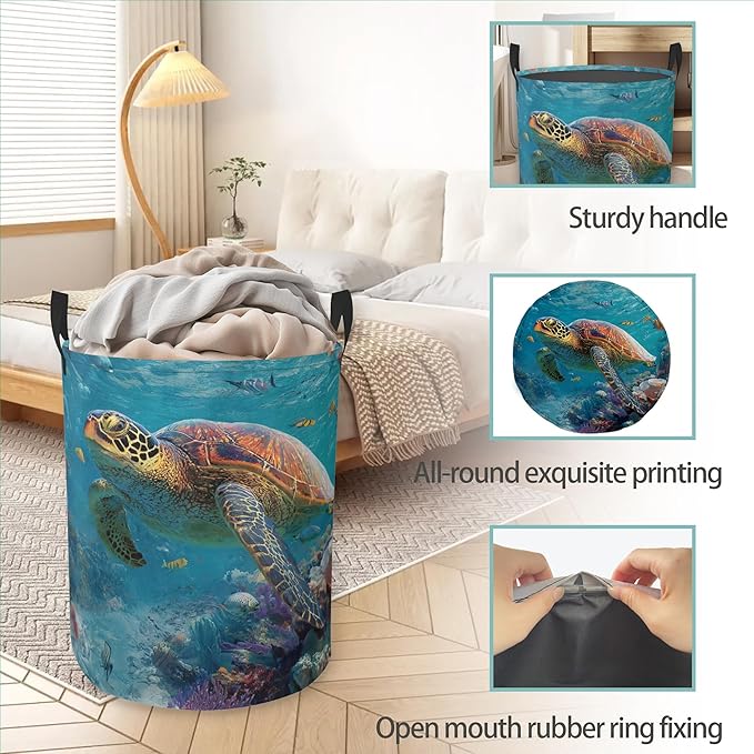 Sea Turtle Round Laundry Hamper Storage Basket Toys Clothes Organizer Bin For Home Bathroom Bedroom Dorm Nursery