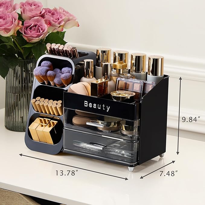 Makeup Organizer for Vanity with Brush Holder, Countertop Makeup organizer with Drawers for Skincare, Cosmetics, Perfumes, Eyeshadow Palettes, Spacious Cosmetic storage organizer