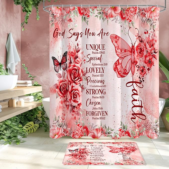 Litabel 4 Pcs Red Butterfly Inspirational Quotes Shower Curtain Set with Rugs and Toilet Lid Cover, Colorful Boho Waterproof Fabric Bathroom Set, Bible Verse Floral Bathroom Decor Set Accessories