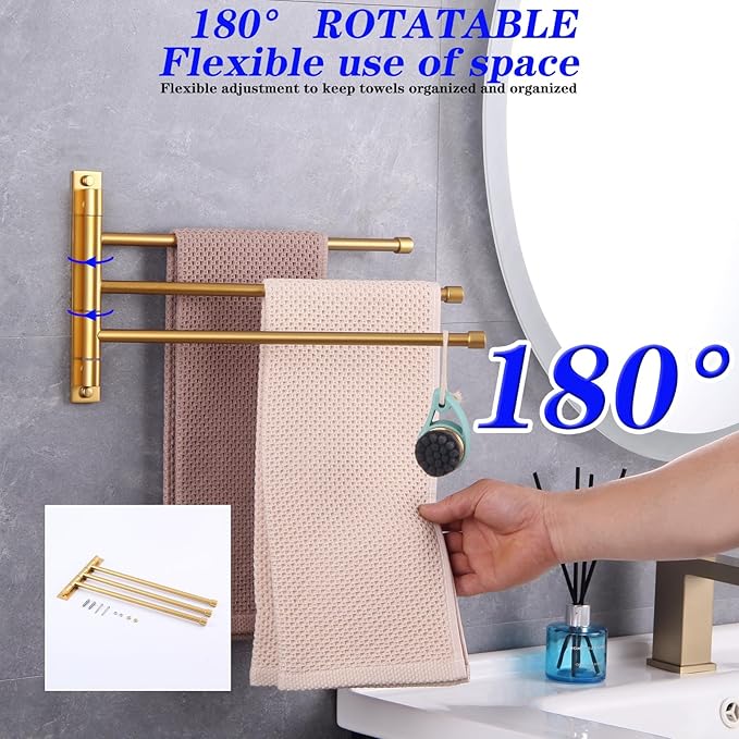 GERZWY SUS 304 Stainless Steel Bathroom Hand Towel Rack 3-Bar Folding Arm Swivel Hanger Bath Towel Holder Swing Out Towel Bar Wall Mount Gold Finished HYG03-BE