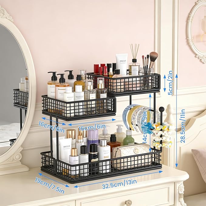 Makeup Organizer Countertop for Vanity, 3 Tier Metal Bathroom Countertop Organizers Skincare Storage Holder Perfume Cosmetic Display, Multi-Use Storage Rack for Bathroom, Kitchen & Bedroom (Black)