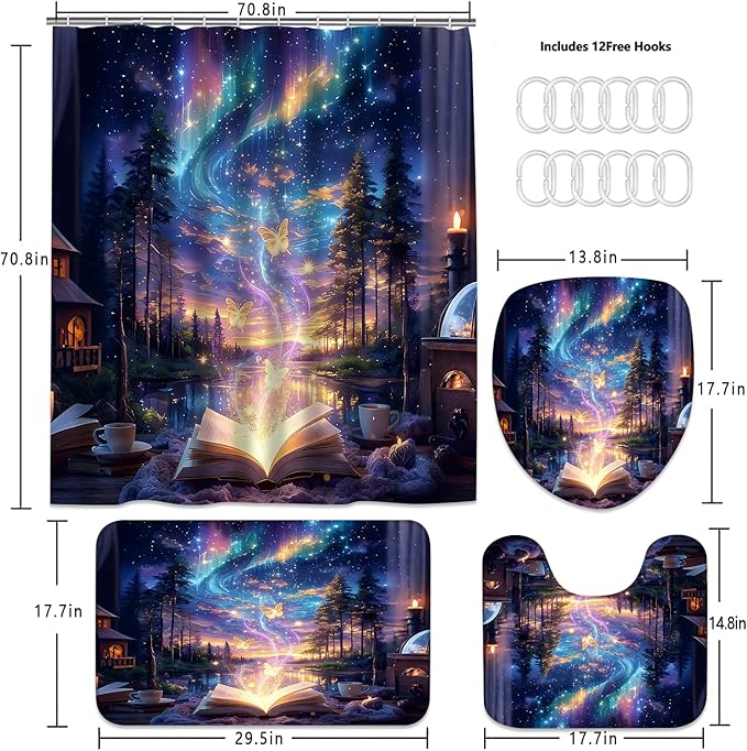 4Pcs Book Forest Starry Shower Curtain Sets with Non-Slip Rugs,Toilet Lid Cover and Bath Mat,Aurora Pattern Home Bathroom Decor Set Accessories Waterproof Shower Curtains with 12 Hooks,72 x 72 Inch