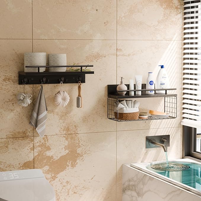 Floating Shelves - Black Bathroom Shelves Over Toilet, Set of 2 Wall Shelves with Basket and Hooks