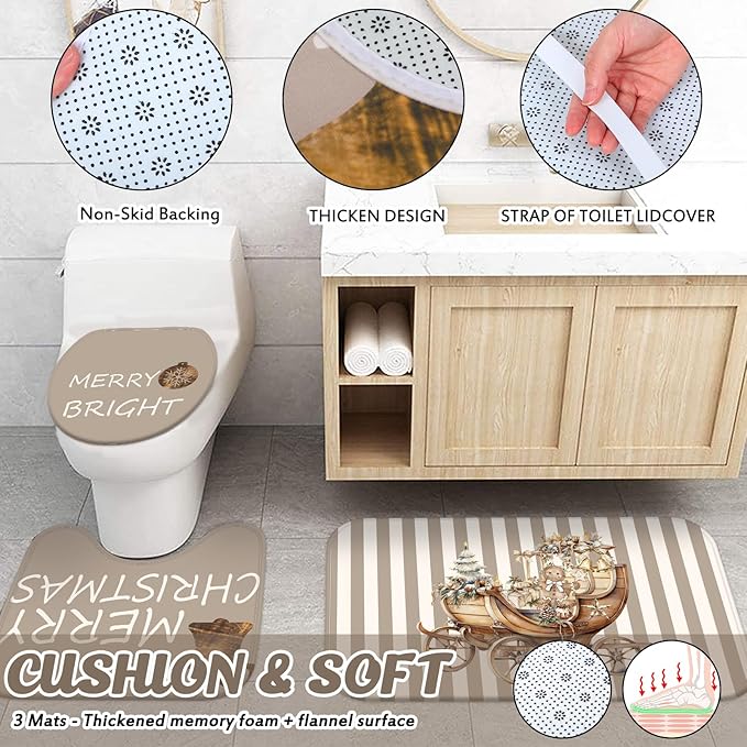 Drydiet 4 Pcs Christmas Shower Curtain Set Bathroom Decoration Non Slip Rugs Mat Toilet Lid Cover Shower Curtain for Xmas Holiday Farmhouse Home Bathroom Decor(Brown Christmas)