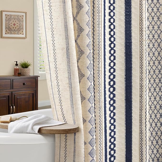 Nave Blue Boho Shower Curtain for Bathroom,Beige Linen with Striped Print and Twine-Inspired Woven Center,72" W x 72" L
