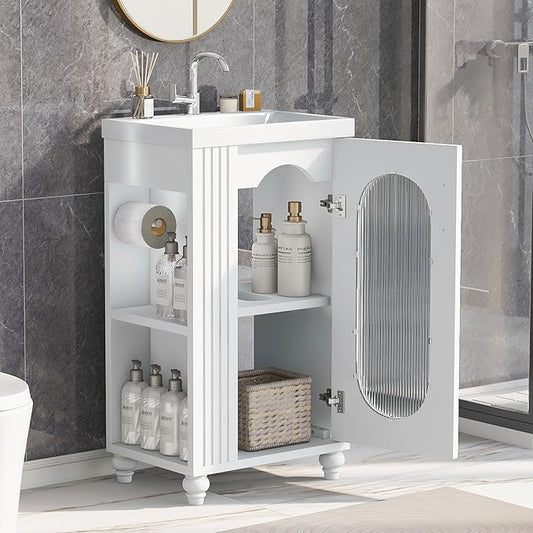 Virubi 20" Small Bathroom Vanity with Sink and Glass Door, Storage Shelf & Toilet Paper Holder,Solid Wood & MDF Modern Single Bathroom Sink Cabinet with Shelves,Freestanding,White