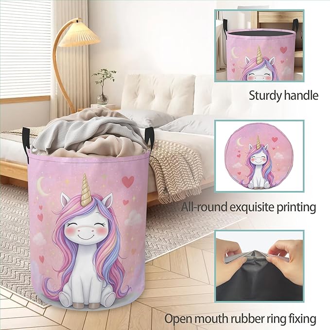 Pink Unicorn Laundry Basket With Handles Tote Bag Oxford Cloth Funny Laundry Hamper Clothes Storage Bucket Toy Organizer 16" X 20.8"For Bathroom/Laundry/Bedroom