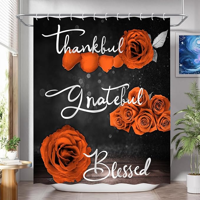 Onalasyc 4Pcs Orange Rose Shower Curtain Set with Rugs Waterproof Bathroom Sets with Shower Curtain and Rugs Romantic Rose Floral, Thankful Grateful Blessed Bathroom Curtains Shower Set,with 12 Hooks