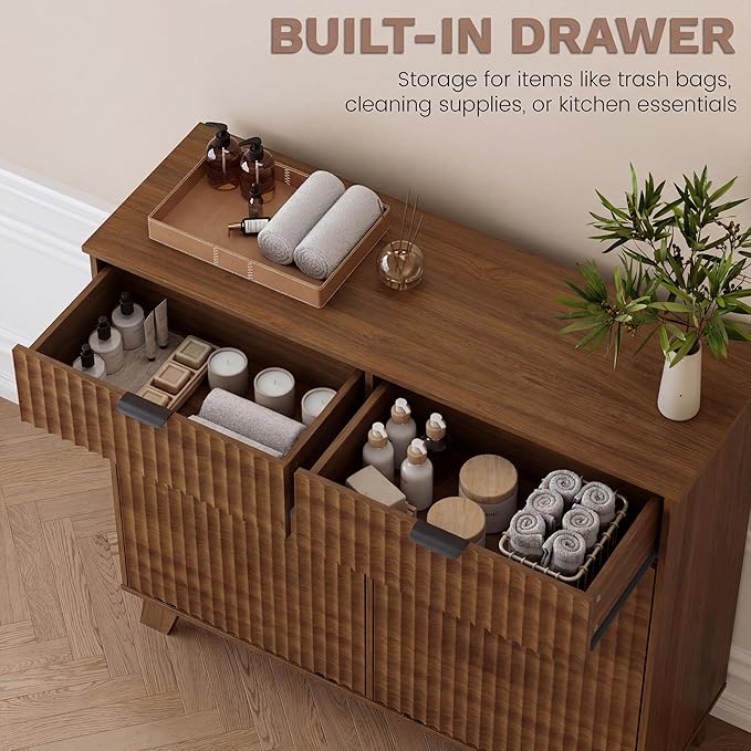Double Tilt Out Laundry Hamper Cabinet, 20 Gallon Wooden Trash Can Cabinet with Storage Drawers, Hidden Fluted Garbage Can Holder for Kitchen, Living Room (Walnut Wood, 39.34"W x 35.83"H x 13"D)